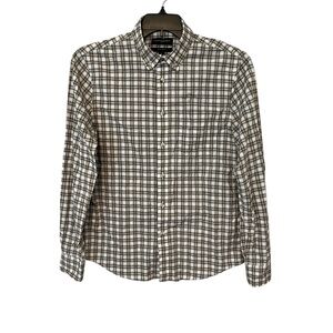 Banana Republic Shirt Men's S Plaid Untucked Fit Long Sleeve Preppy Tan White